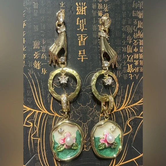 Monet’s Garden Enameled Pearl CZ Pendant Earrings - Picture 4 of 6